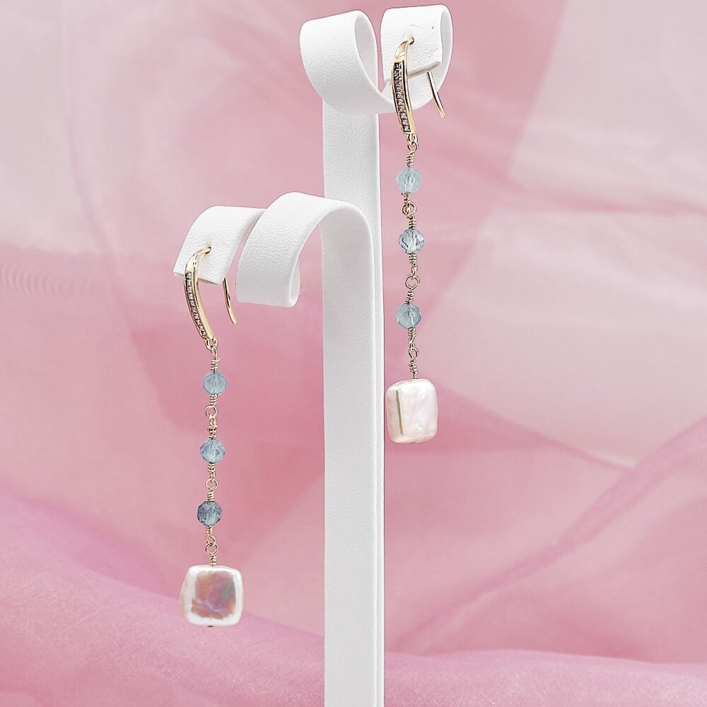 Aquamarine & Baroque Pearl Dangle Earrings, 14k Gold Filled